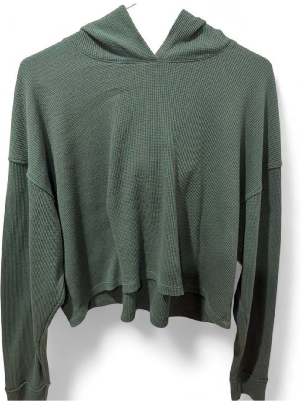 Cropped Waffle Knit Hooded Pullover - Green